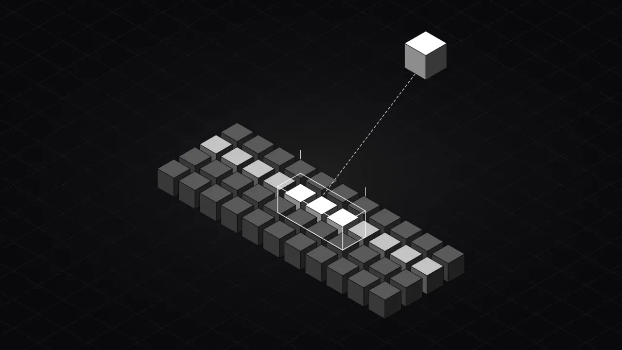 Isometric illustration of a grid of input cubes with three highlighted in a glass frame, and a dashed pointer to them from a small cube above.