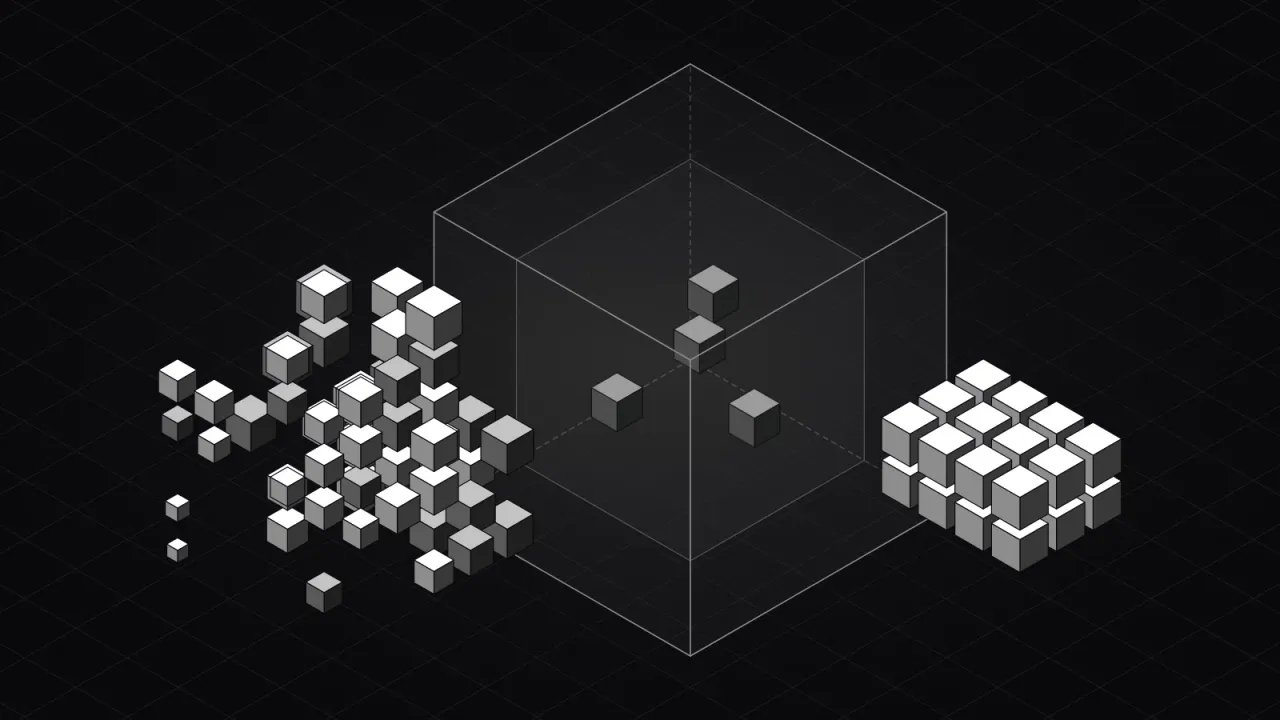Isometric illustration of a loose cloud of small cubes drifting into a glass box and leaving the other side as one neat block.