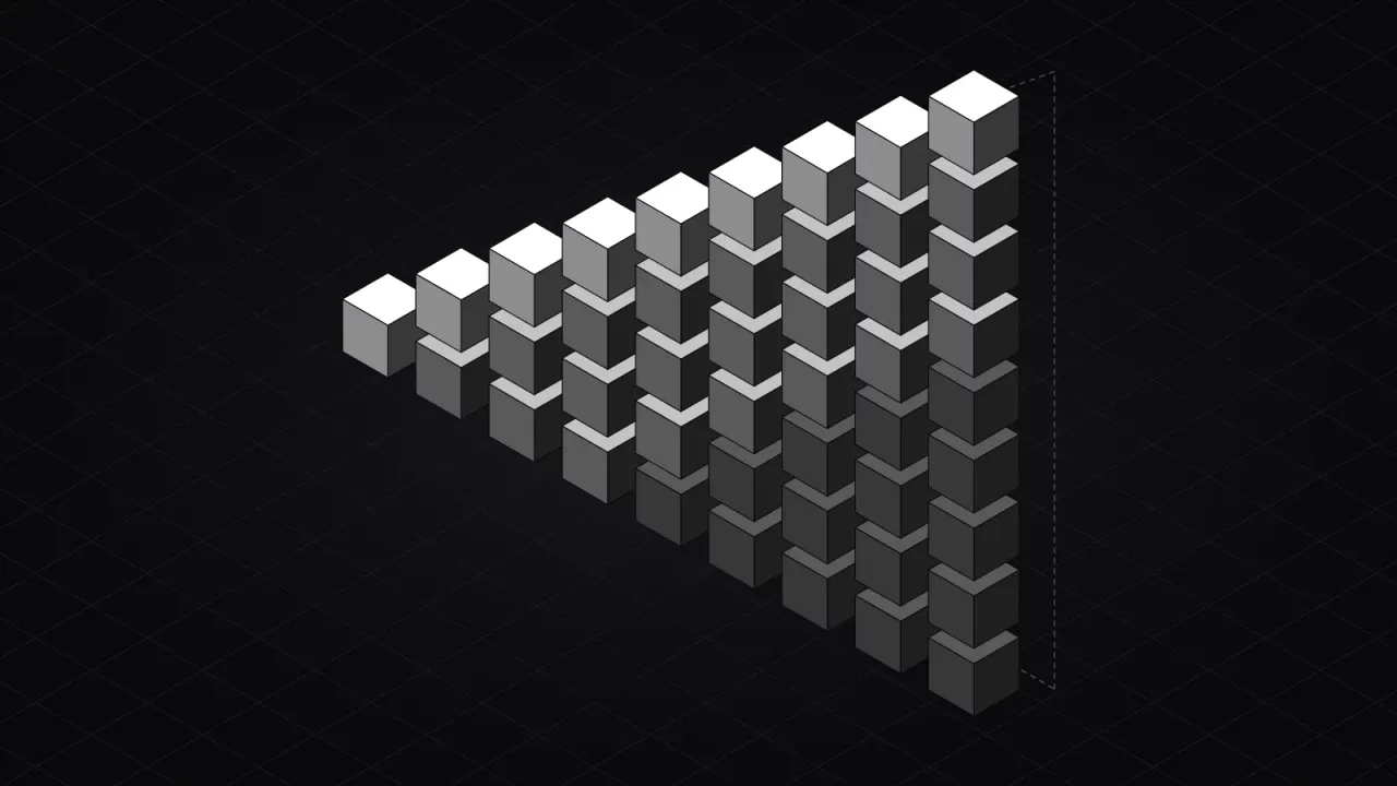 Isometric illustration of a staircase of cube towers, each one block taller than the last, with the newest block on top of each lit white.