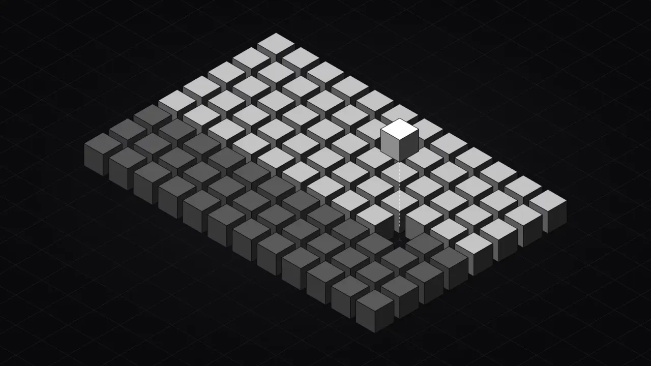 Isometric illustration of a field of cubes, one per possible answer: the ones already tried are light grey, the rest dark, and one white cube lifts out of its slot where the answer was found.
