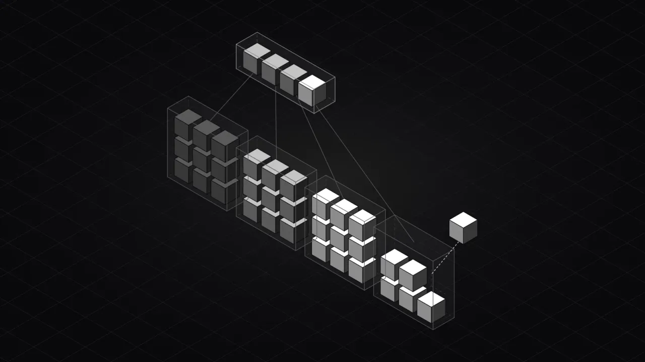 Isometric illustration of a B-tree: a root page linked to four leaf pages filled in order, with the newest cube dropping into the last free slot.